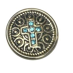 Silver Tone Snap-On Charm With Turquoise Rhinestone Cross Design